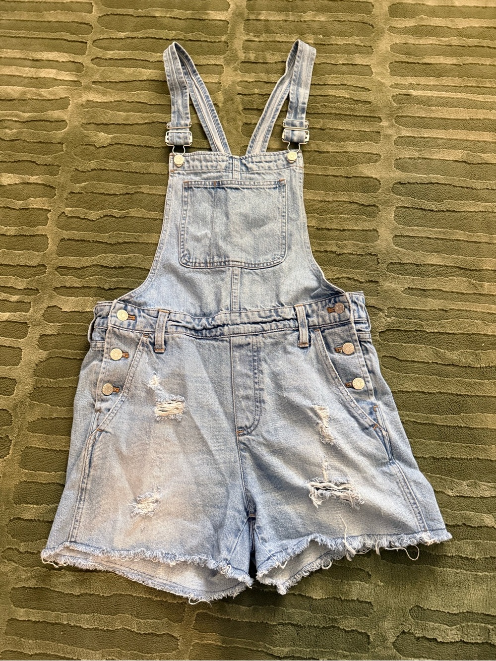 Madewell Light Blue Distressed Denim Short Overalls